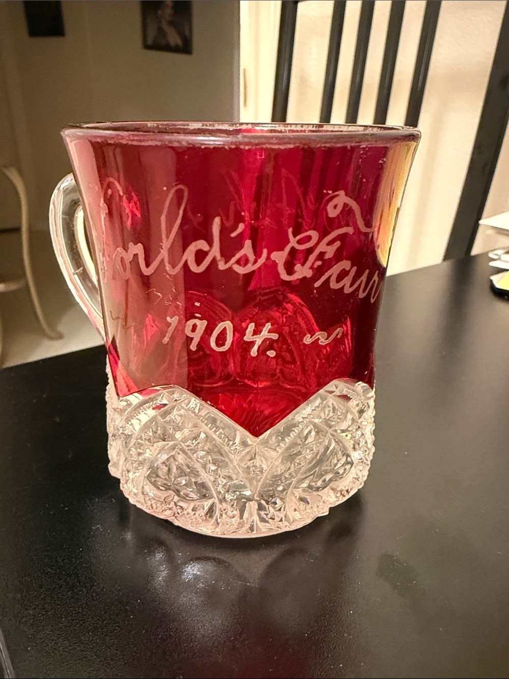 World's Fair 1904 Red Ruby Etched Glass Mug with Cut Crystal Base; collectible
